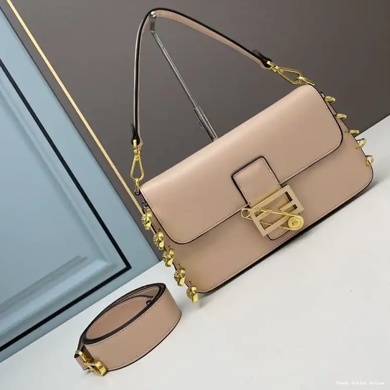 Affordable Fendace Pink Fendi Calf Medium Bag In with Pin Brooches Baguette Leather 0522